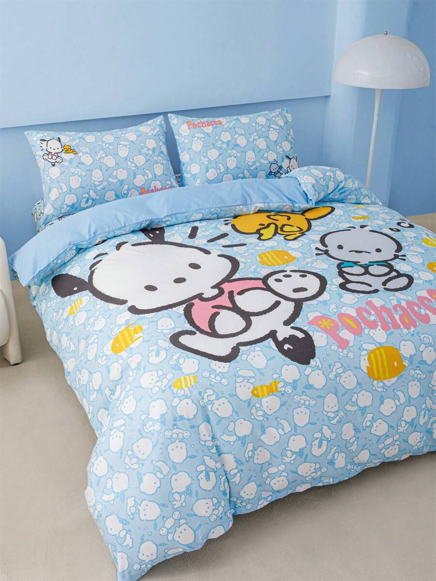 HELLO KITTY AND FRIENDS | SHEIN 卡通和字母印花被套床單套組 - 淺藍色 - 查看 1