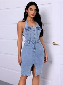 SHEIN Essnce Women's Solid Color Simple Daily Denim Sling Dress