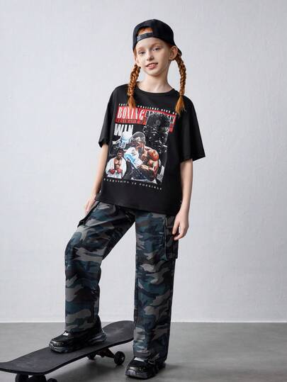 SHEIN Conjunto de 2 piezas para niña preadolescente: camiseta de manga corta de punto grande con patrón de impresión de letra y pantalón largo de camuflaje con bolsillos de utilidad
