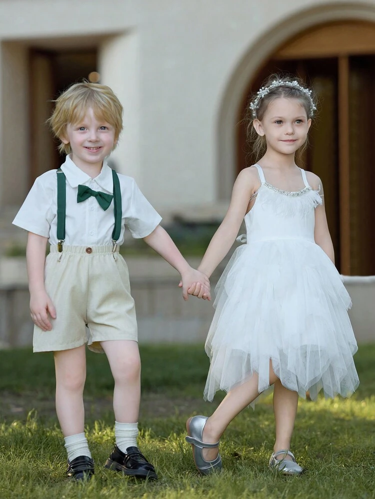Young Boy Casual Gentleman Belted Short Sleeve Shirt And Shorts Set, Spring/Summer