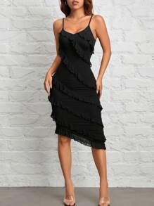SHEIN PETITE Black Dress Party Dress For Women Date Evening Dress Solid Color Ruffle Asymmetric Hem Slip Dress