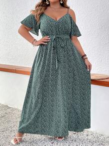 SHEIN VCAY Đầm dài đi nghỉ có hoa hở vai dành cho nữ cỡ lớn, mùa hè - Nhiều màu - Xem 5