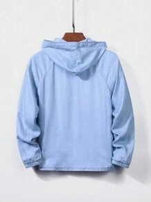 SHEIN Tween 男童牛仔效果休闲柔软连帽蓝色宽松长袖衬衫，适合返校服装 - 淺色水洗藍 - 查看 2