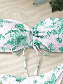 SHEIN Swim 女式夏季沙灘植物印花無肩帶性感比基尼套裝，隨機印花 - 綠色 - 查看 4