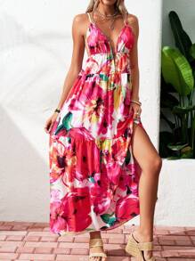 Breezaya 夏季女性花卉印花高側開叉無背帶長裙