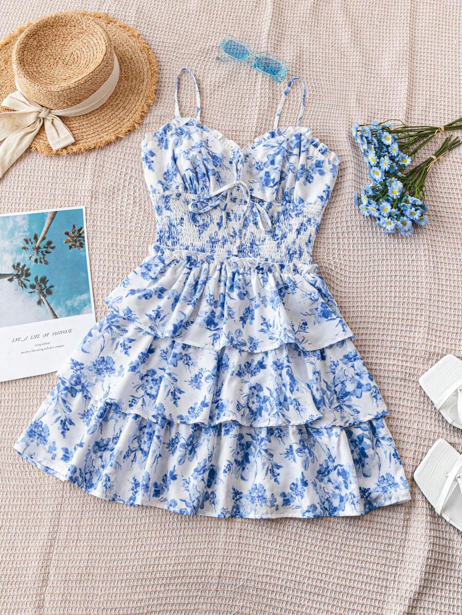 Soleia Women's Summer Vacation Mini Dress With Blue Flower Print, White Background, Ruffle Neckline, Triple Tiered A-Line Dress With Frill Hem, And Spaghetti Straps - Blue and White - View 1