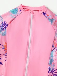 SHEIN Tween Girl Plant Print Zip Front One Piece Swimsuit