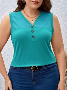 SHEIN LUNE Camiseta de tirantes de talla grande con cuello en V y diseño de empalme de unicolor - Azul - Ver 3