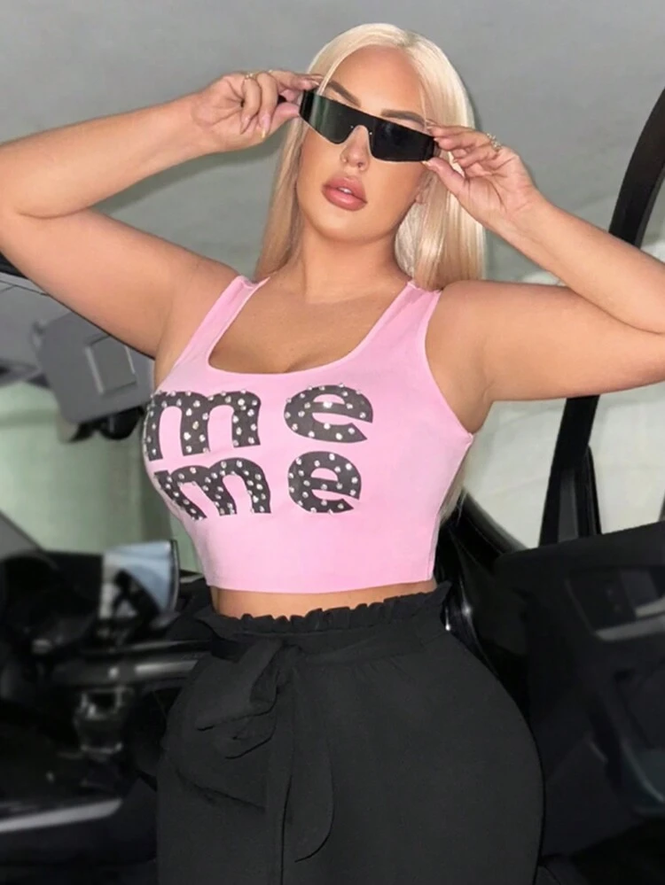 Plus Size Women's Pink MEME Printed Tank Top With Rhinestones Embellishment