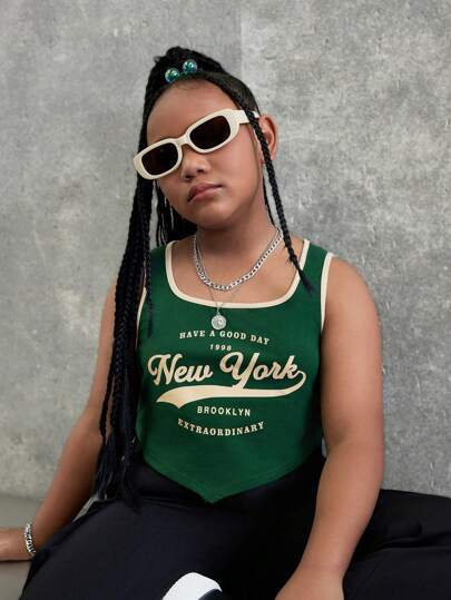 SHEIN Tween Girl 加大码宽松休闲不对称下摆背心，配以彩色字母印花