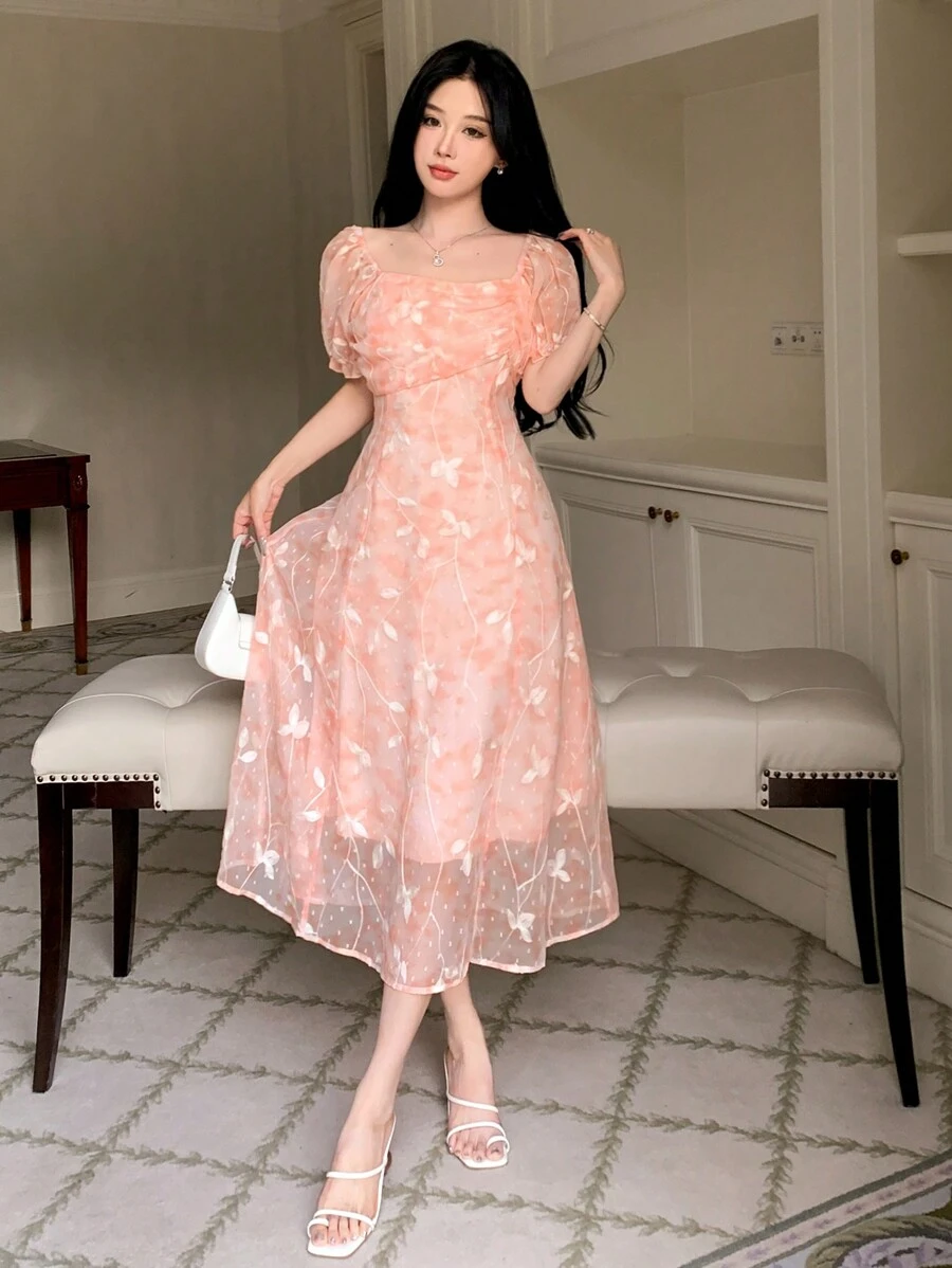 DAZY 女士碎花短袖连衣裙，生日、新年、舞会礼服、吊带裙、返校季服装，优雅女士连衣裙，复活节长裙 - 粉色 - 查看 1