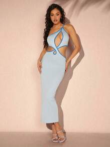 Hauture Damen Sommer Kleid mit einem Schulterärmel, ärmellos mit hohem Taillenausschnitt und langem, angesagtem sexy Design - Blau - Übersicht 3
