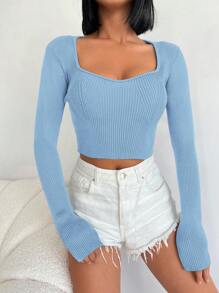 SHEIN Cottnline Solid Color Short Knit Sweater With Sweetheart Neckline - Blue - View 3