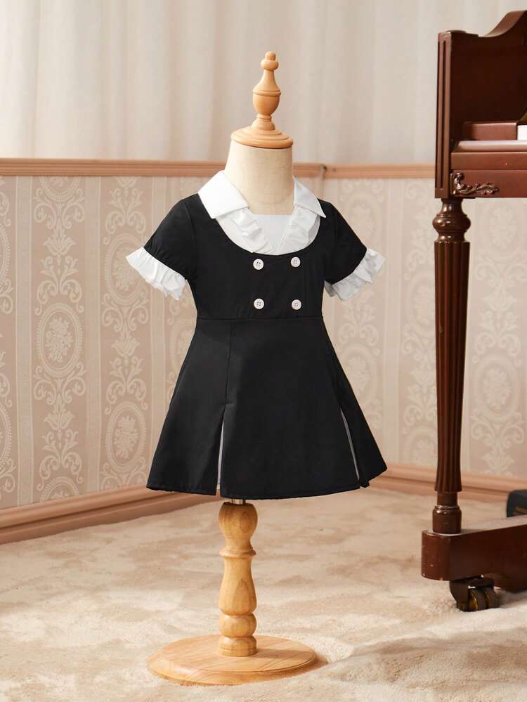 2024 New Elegant And Stylish Baby Girl Color Block Turn-Down Collar Short Sleeve Dress For Summer