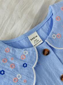 SHEIN Vintaside Kids 夏日新款高品質刺繡背心嬰兒女裝，簡約鄉村風格，竹棉A字型無袖連身裙，前開全扣式設計 - 藍色 - 查看 3