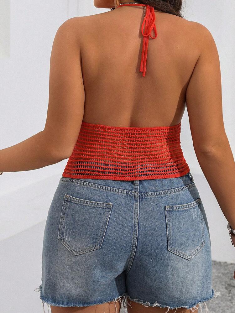 Plus Size Solid Color Halter Knitted Top With Open Back For Vacation Outfits