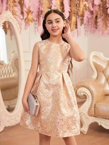 Vestido de princesa elegante para niña preadolescente con textura floral de tela veraniega - Albaricoque - Ver 8