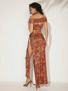 Hauture Conjunto de 2 piezas de verano para mujer con top con cuello halter y estampado floral hueco + falda con abertura alta en el muslo