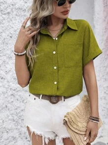 Calvaya 休闲女士 H 领衬衫，短袖上衣 - 綠色 - 查看 5
