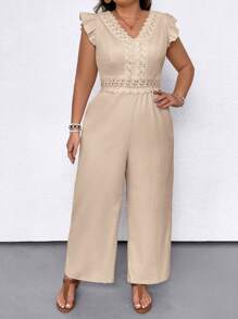 SHEIN LUNE Plus Size Women's Fashion Solid Color Wide Sleeve Loose Jumpsuit - Apricot - View 1