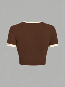 SHEIN MOD Casual Simple Design Contrast Color Tight-Fitting Cropped Women's T-Shirt With Patterned Collar And Sleeve Cuffs, Suitable For Summer - Brown - View 2