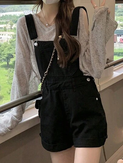 Casual Women's Summer Loose Solid Color Denim Suspender Pants For Formal Occasions