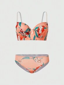 Floral Print Underwire Bra & Panty Lingerie Set - Pink - View 3
