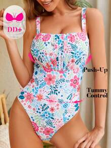 SHEIN Swim 夏日沙灘花卉印花褶皺單件泳衣，背心設計，購買版權 - 彩色 - 查看 3