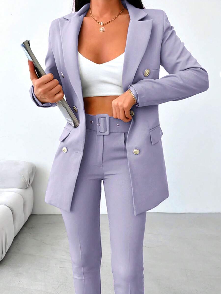 EURMUSE Double Breasted Blazer & Belted Pants - Mauve Purple - View 1