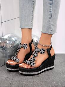 女士高跟凉鞋，舒适坡跟日常/度假穿着水钻花朵一脚蹬大码黑色厚底凉鞋