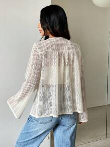 SHEIN Essnce Summer Women's Beige Crochet Hollow-Out Long Sleeve Top Summer Top Tie Front