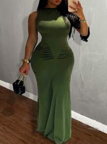 Slaydiva Vestido elegante y ajustado para mujer de talla grande en color verde para fiestas y citas, sin mangas con hombro asimétrico volteado, cintura plisada y rotura de costura, con dobladillo de cola de pez, para primavera y verano - Verde - Ver 1
