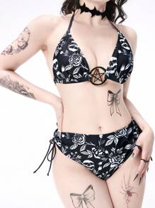 ROMWE Goth 女性夏季沙灘花卉印花領口綁帶性感比基尼套裝 - 黑與白 - 查看 3