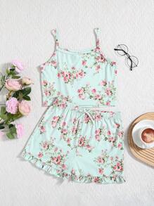 SHEIN Teen Girl Summer Fresh Floral Patterned Tank Top With Waist 3D Bowknot Shorts Pajama Set, Fire Resistant. Mommy And Me Matching Outfits (2 Sets Sold Separately)