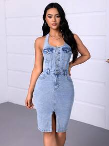 SHEIN Essnce Women's Solid Color Simple Daily Denim Sling Dress