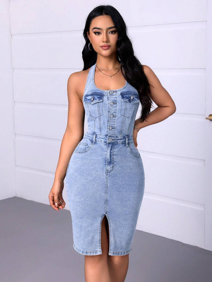 SHEIN Essnce Women's Solid Color Simple Daily Denim Sling Dress