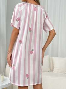 Women's Strawberry Striped Printed Round Neck Short Sleeve Casual Home Dress - Pink - View 2
