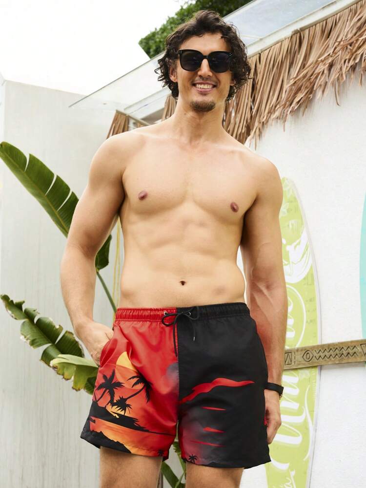 Men's Color-Block Seaside Printed Beach Shorts, Vacation Casual Wear