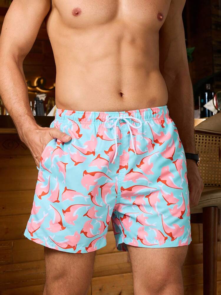 Men's Dolphin Printed Drawstring Waist Loose Beach Shorts For Vacation