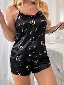 Silky Heart Eyelash Print Cami & Shorts Pajama Set