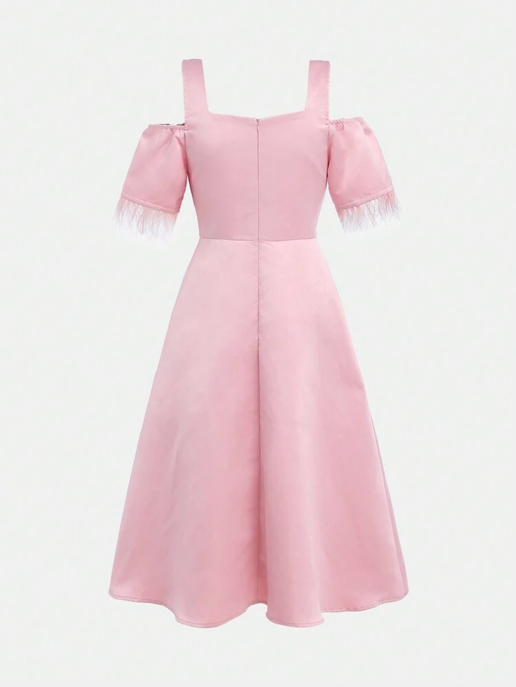 Teen Girl Pink Square Collar Drop Shoulder Fake Feathers Decor Rhinestone Waist Cocktail Dress