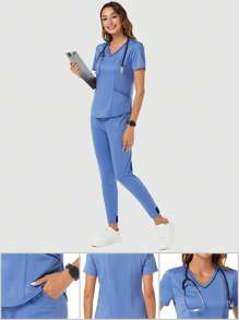 SHEIN TaskFit 女士两件套护士服套装，包括现代 V 领 2 口袋哑光上衣和 2 口袋松紧腰终极瑜伽运动裤哑光套装 - 藍色 - 查看 10