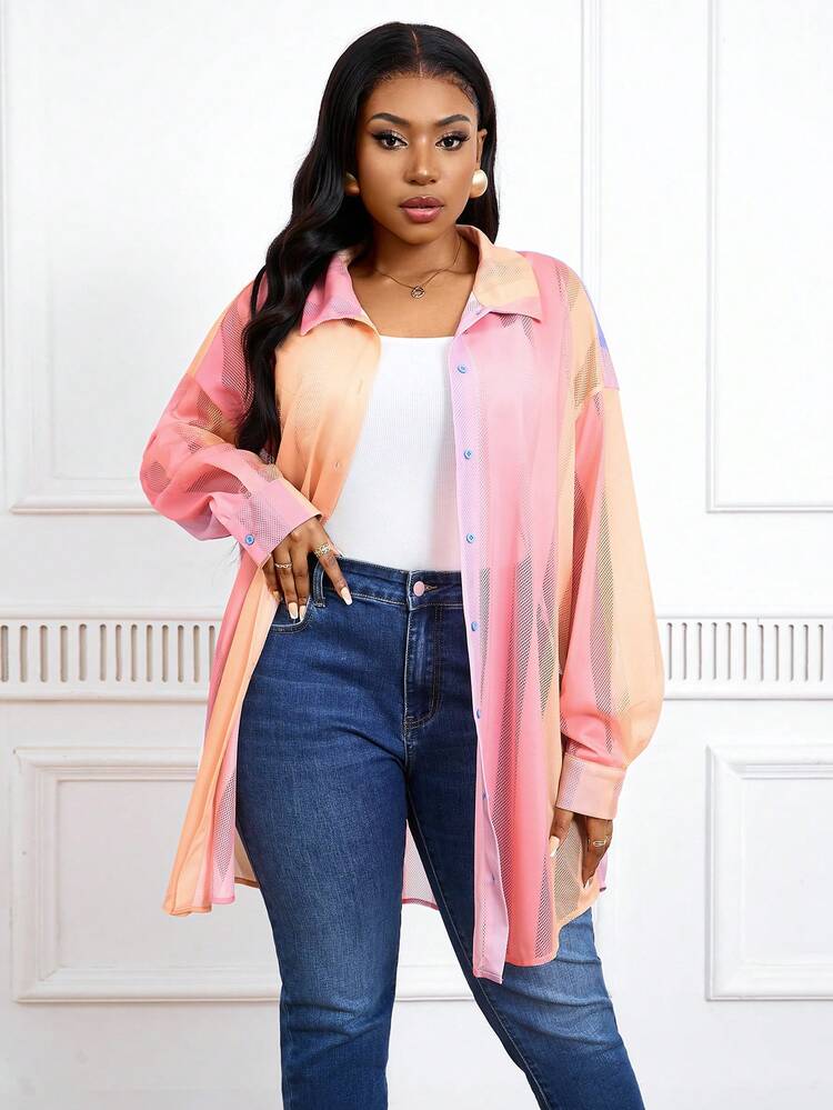 Plus Size Summer Pride Festival Gradient Stripe See-Through Shirt