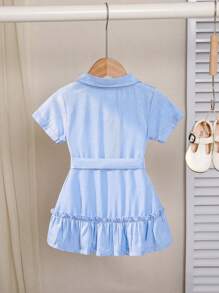 Gaun Bayi Perempuan Berikat Ruffle Hem Tombol Depan Plain - Biru - View 2