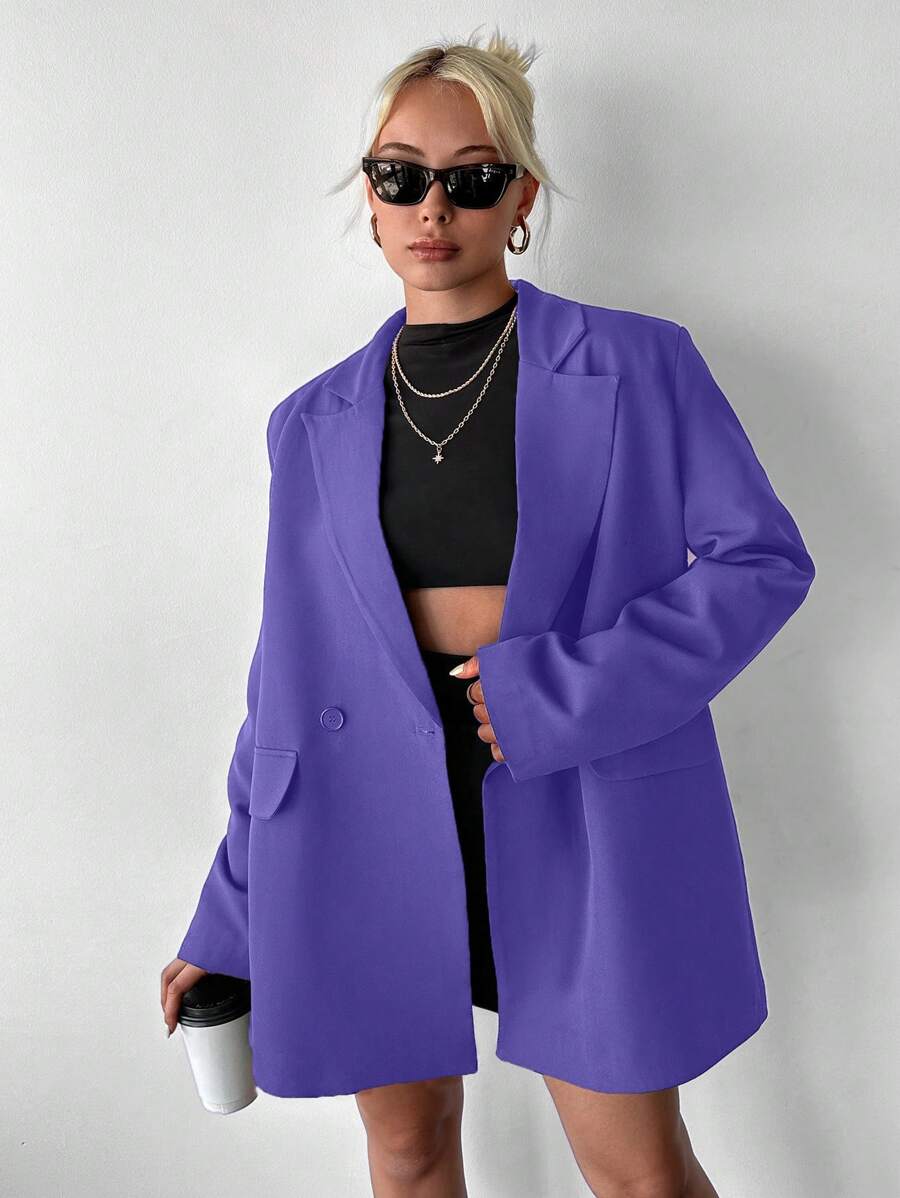 EURMUSE Women's Simple And Elegant Lapel Double-Breasted Blazer - Violet Purple - View 1