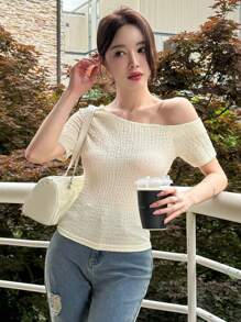 DAZY Textured Asymmetrical Neck Slim Fit Women's Short Sleeve T-Shirt Summer,Crop Tops Women Preppy Tops