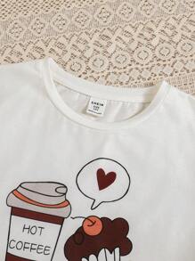 SHEIN Bộ 3 bộ đồ ngủ thường ngày dễ thương mùa hè Tween Girl với họa tiết cà phê và món tráng miệng, bao gồm áo ngắn tay, quần short và quần dài, chất chống cháy - Cà phê nâu - Xem 4