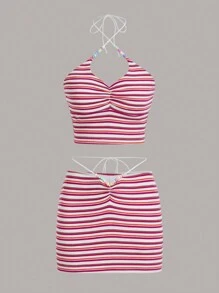 SHEIN ICON 彩色條紋串珠項鍊和耳環套裝 - 粉色 - 查看 1