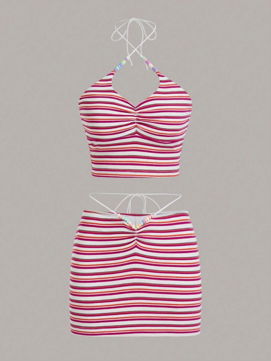 SHEIN ICON 彩色條紋串珠項鍊和耳環套裝 - 粉色 - 查看 1