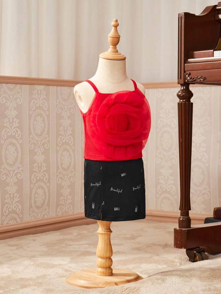 Baby Girl Summer Fashion 3D Flower Decorated Tank Top With Letter Printed Skirt Set